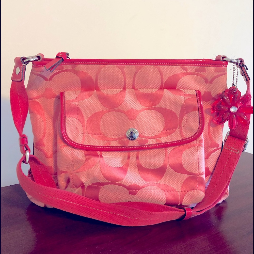 Coach signature print pink fabric bag